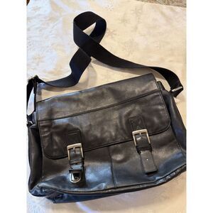 Vintage Fossil Messenger Bag Laptop Black Leather Slide Locks 13"x18" Gorgeous